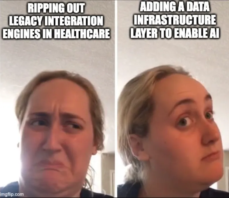 no/yes meme template with "ripping out legacy integrations in healthcare" on the no side, and "adding a data infrastructure layer to enable AI" on the yes side.